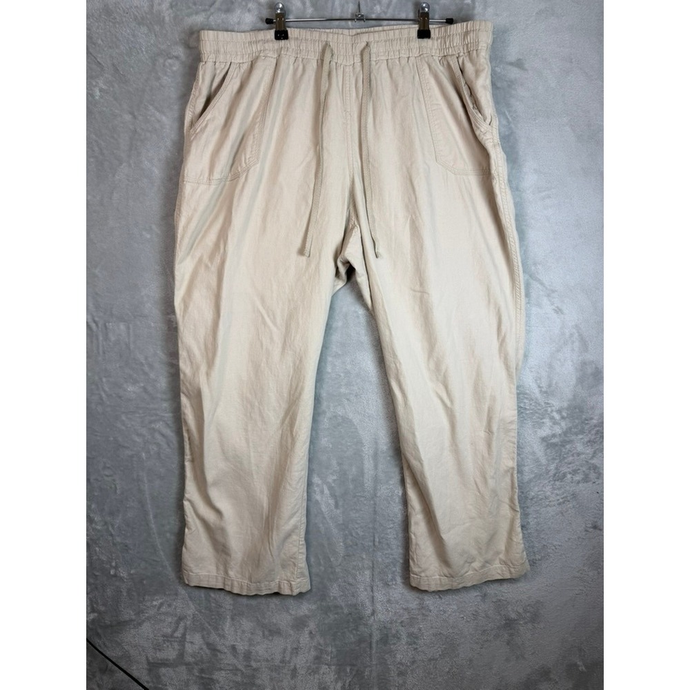 CATO Pants Women 22/24W Beige Linen Rayon Drawstring Straight  Leg Plus Pockets